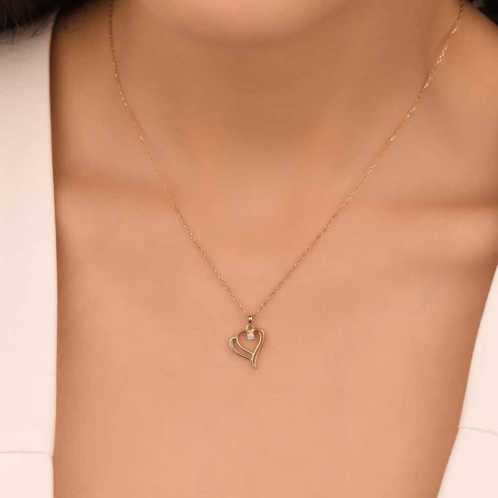 0,04 Karat Pırlanta Çift Kalp Tasarımlı Aşk Kolyesi - LP05977