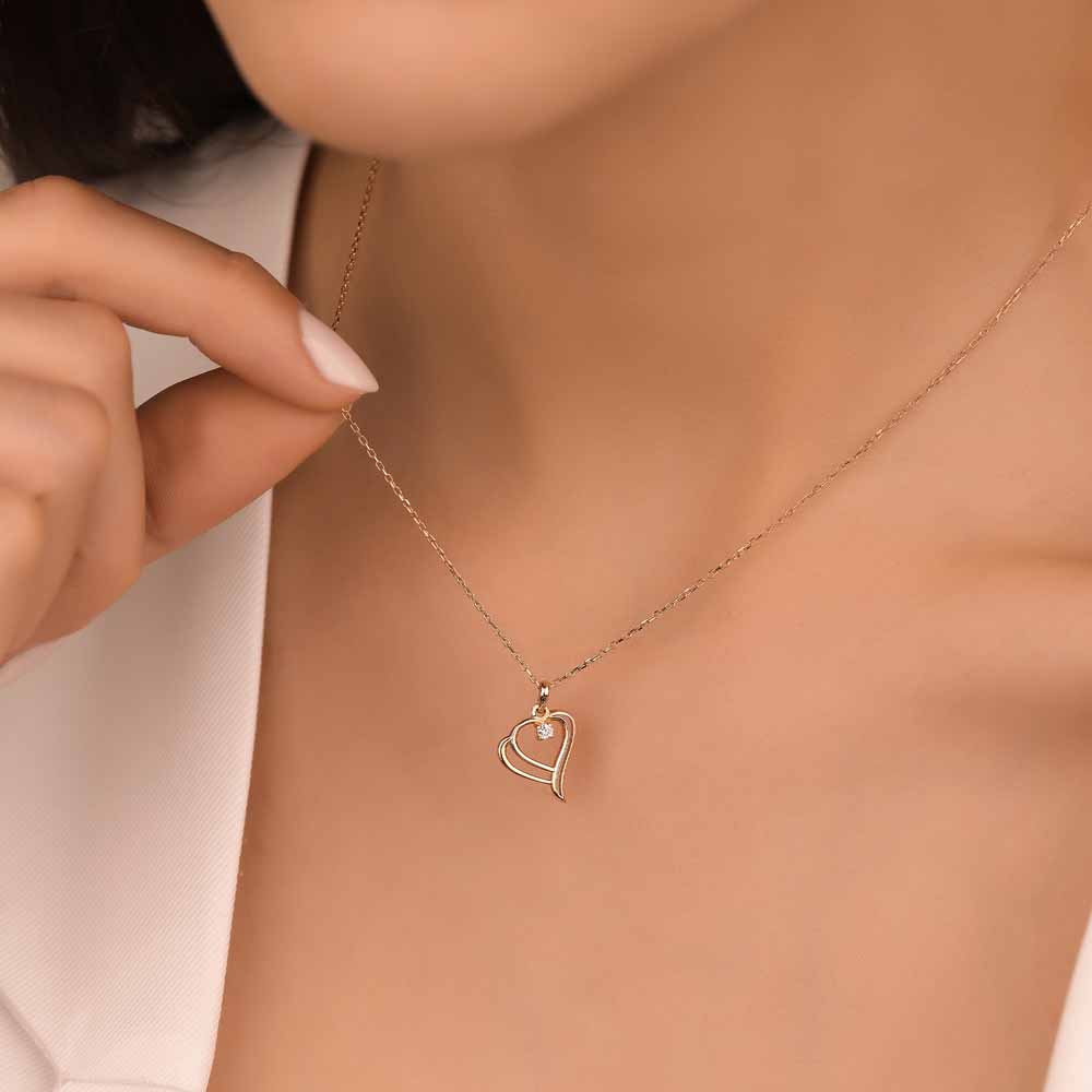 0,04 Karat Pırlanta Çift Kalp Tasarımlı Aşk Kolyesi - LP05977