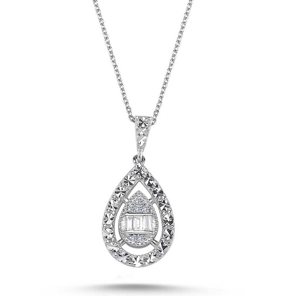 0,05 Karat Pırlanta Kalem İşlemeli Damla Baget Kolye - LP02271