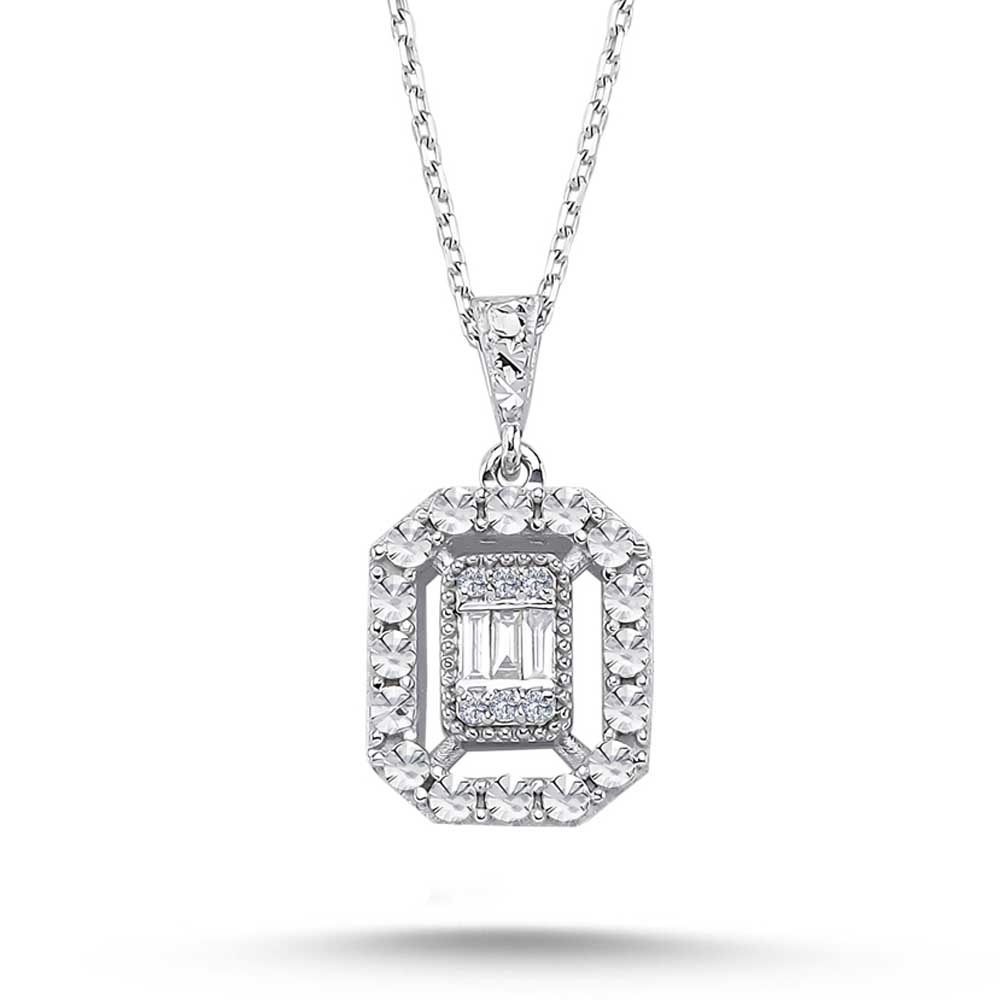 0.08 Karat Pırlanta Kalem İşlemeli Baget Kolye - LP09909