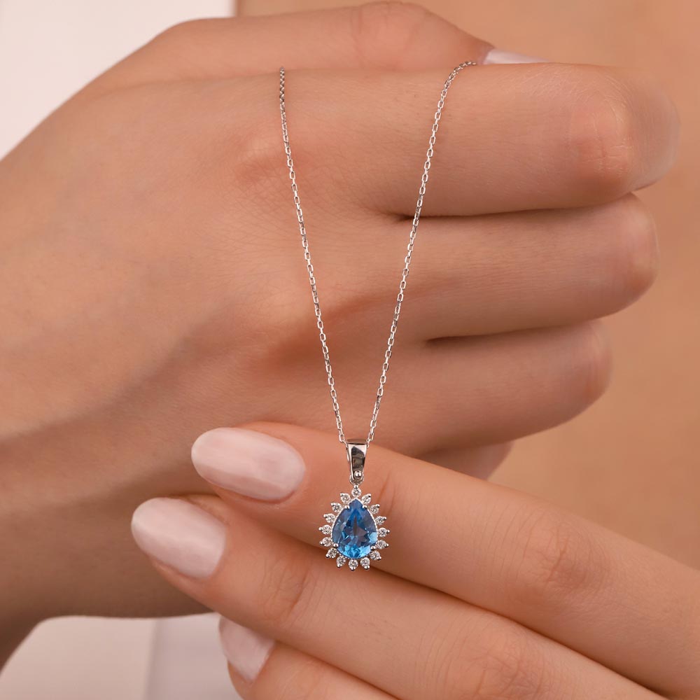 1.40 Karat Pırlanta Damla London Blue Topaz Kolye - LP11681